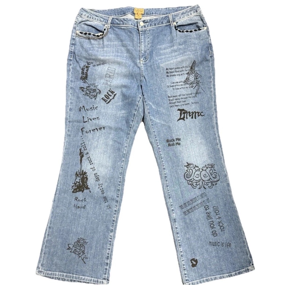Rare Midnight Velvet Y2K Rock & Roll Embellished Jeans Printed Design Chain